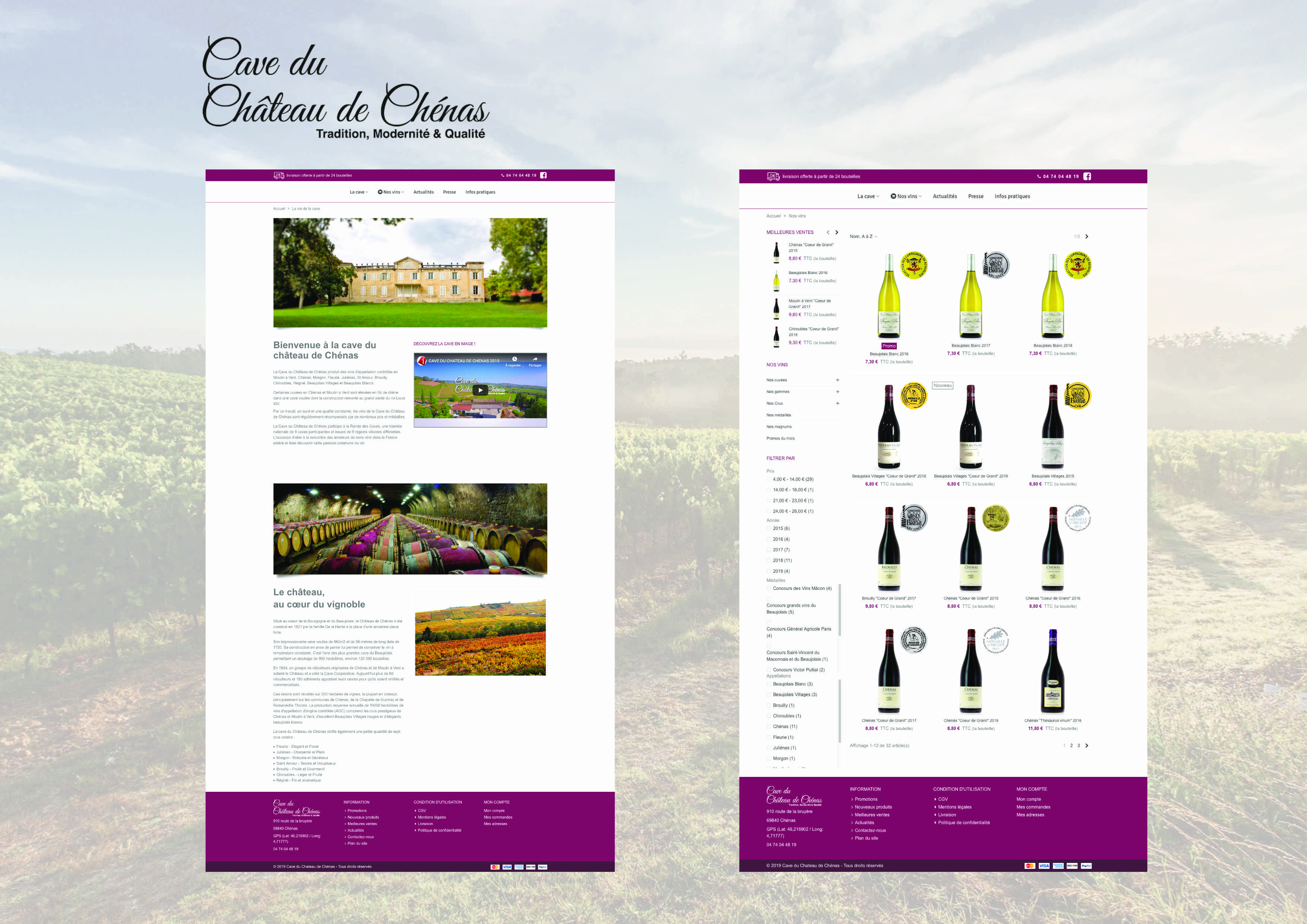 Page "La Cave" et "Nos Vins" du site internet de la cave du chateau de chénas