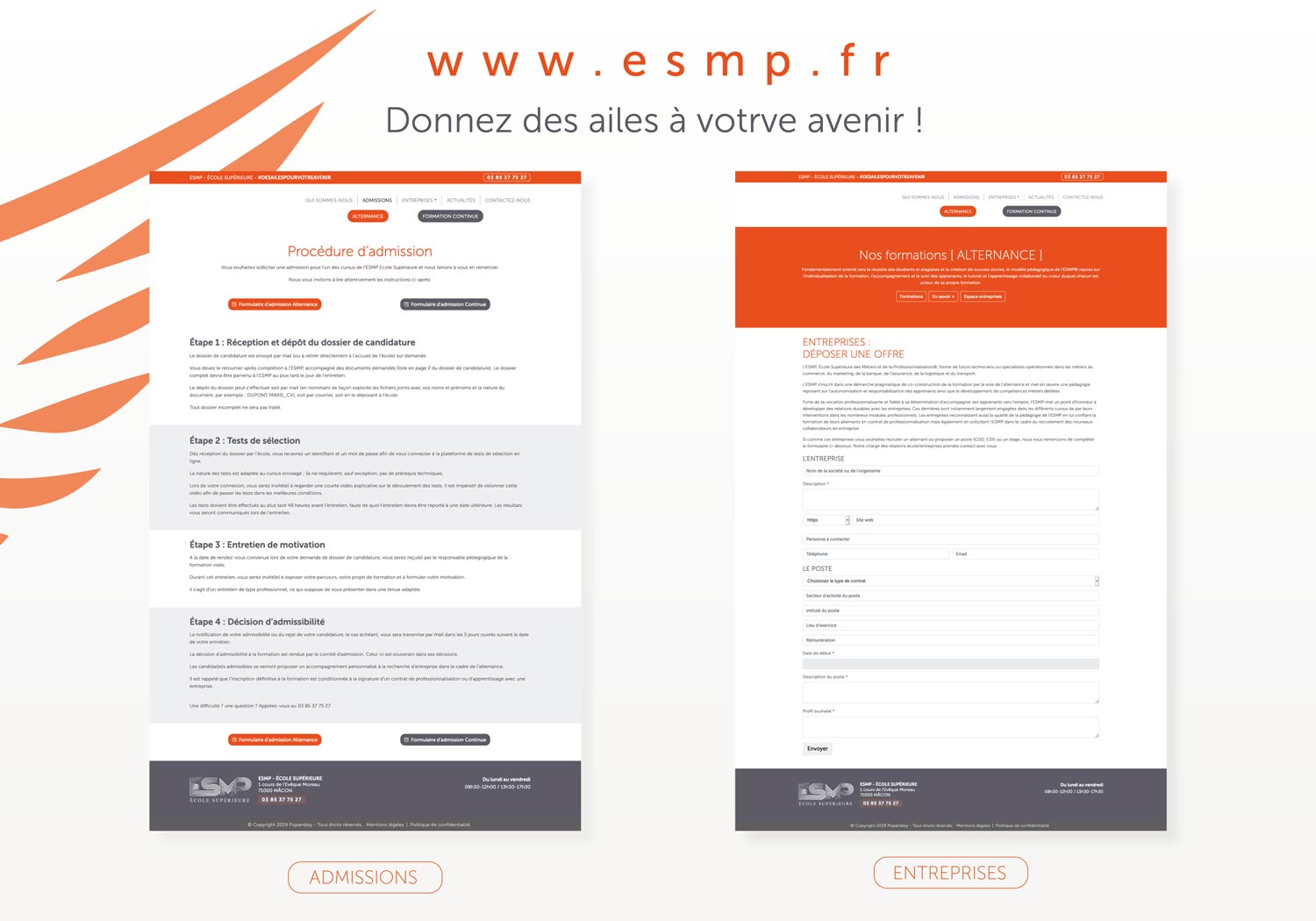 page admissions et entreprises