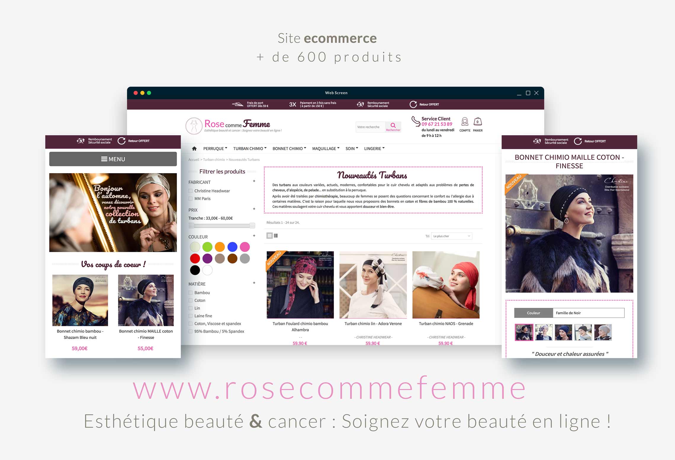 page accueil site e-commercie Rose Comme Femme ordinateur, tablette et mobile